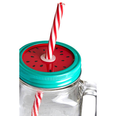 A clear embossed mason square jar mug with a teal watermelon lid and a red and white striped straw
