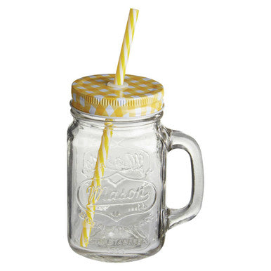Clear glass mason jar mug with embossed logo and yellow and white checkered yellow lid