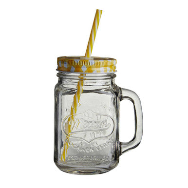 Clear glass embossed mason jar mug with yellow lid and white polka dots featuring logo on the side