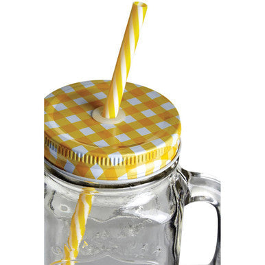 Embossed mason jar mug with a yellow checkered lid and matching striped straw in a clear glass jar mug
