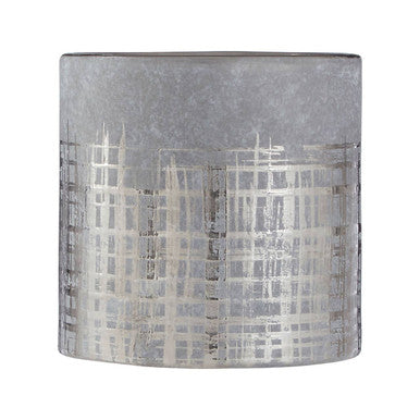 Silver metallic cylindrical vase with textured brushed finish and subtle grid pattern unlike the grey ceramic planter