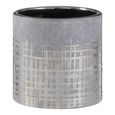 Silver metallic cylindrical grey ceramic planter with textured grid pattern and black interior called Embra Small Grey Ceramic Planter