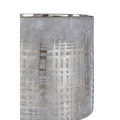 Embra small grey ceramic planter with silver metallic cylindrical vase and textured brushed finish and subtle grid pattern