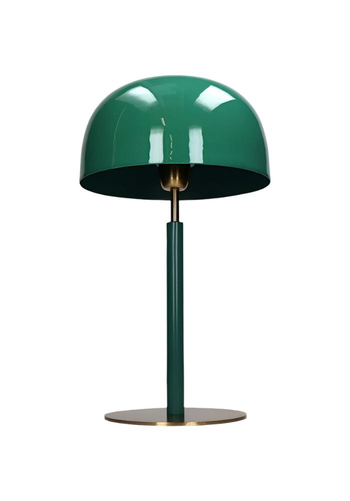 A sleek emerald glow desk lamp with a glossy dome shade, slender metallic stem, and gold-toned circular base