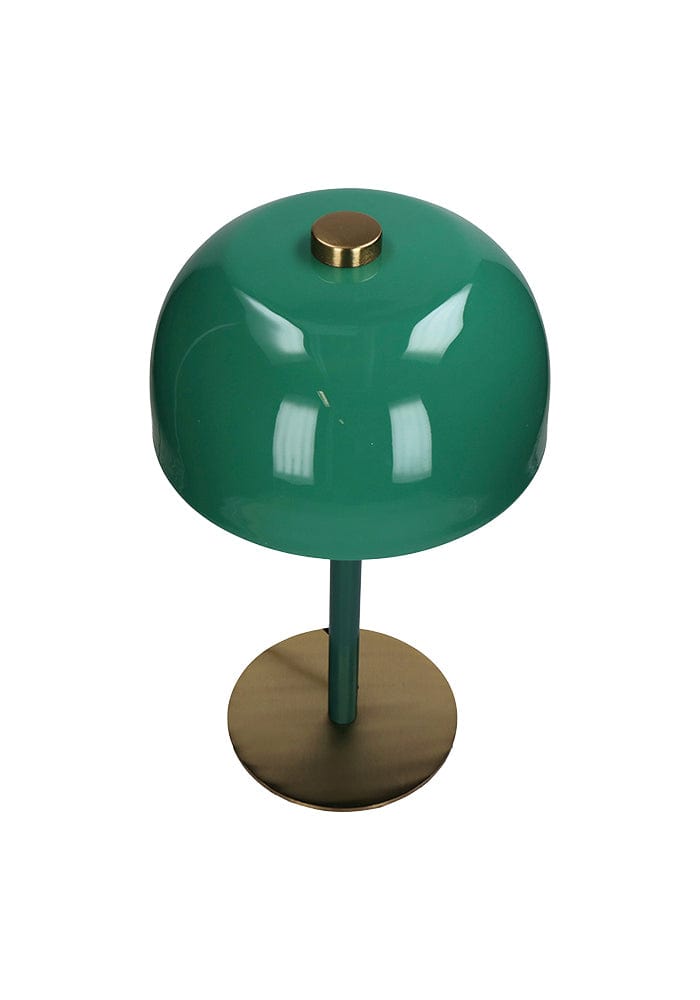 Emerald glow mid-century desk lamp with teal dome shade and brass-finished base featuring a central knob