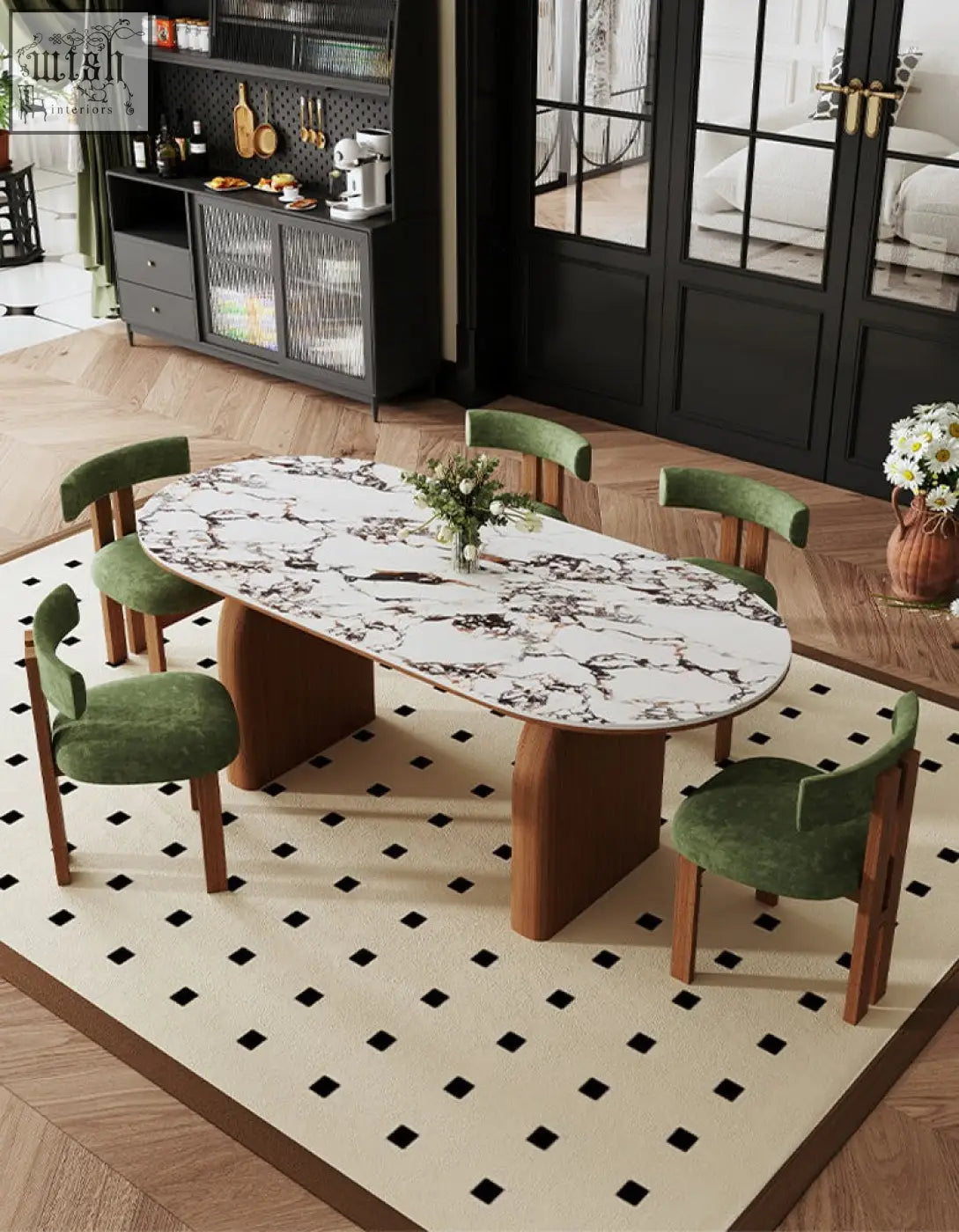Elegant emerson dining table with white marble top featuring black veining and wooden legs surrounded by green velvet chairs