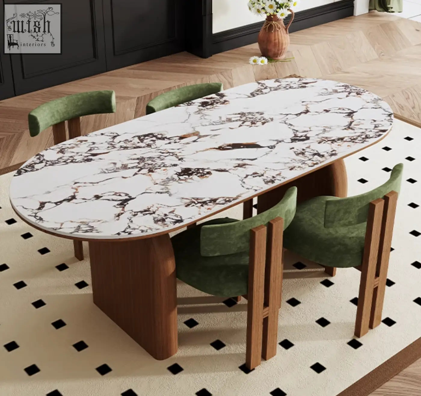 Elegant emerson dining table with white marble top featuring dark veining and wooden legs paired with green chairs