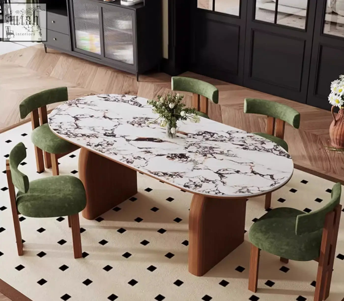 Elegant emerson dining table with white marble top black veining and brown wooden legs with green velvet chairs