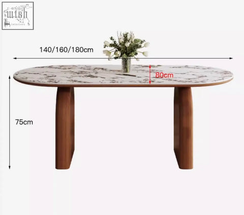 Modern emerson dining table with white marble top gray veining and dark brown wooden legs for stylish dining room use
