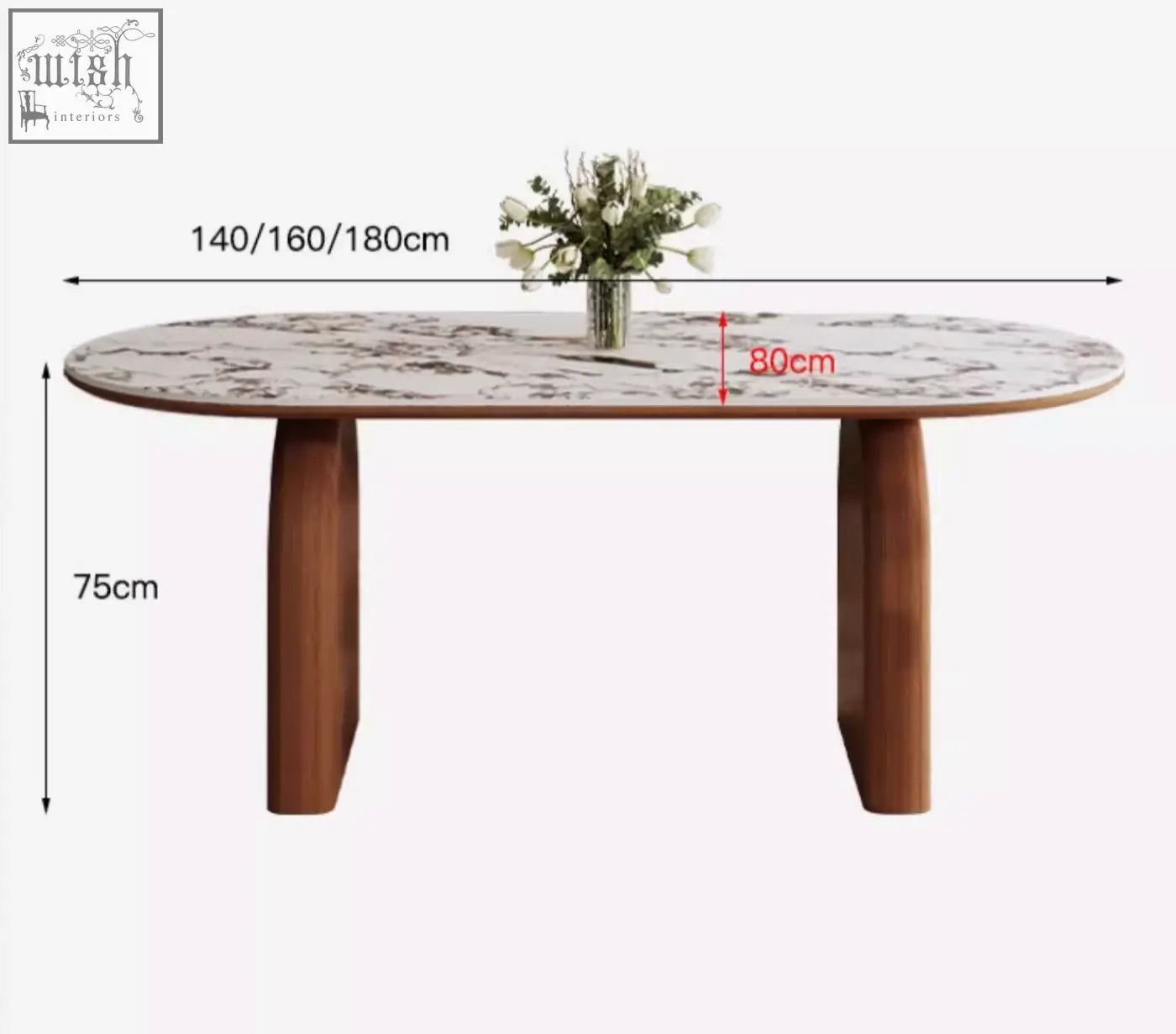 Modern emerson dining table with a white marble top featuring gray veining and dark brown wooden legs