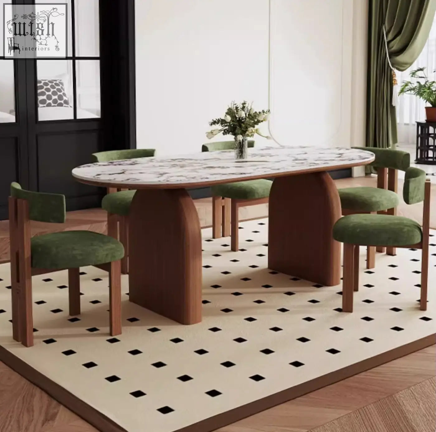 Modern emerson dining table with white marble top gray veining and green upholstered chairs with brown wooden legs