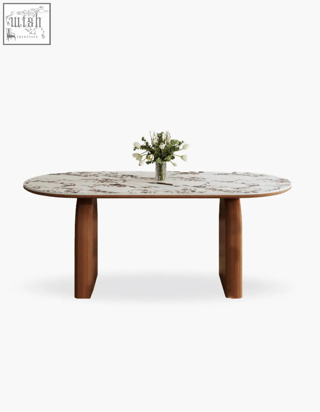 Modern emerson dining table with white marble top and sturdy polished wooden legs for stylish dining spaces
