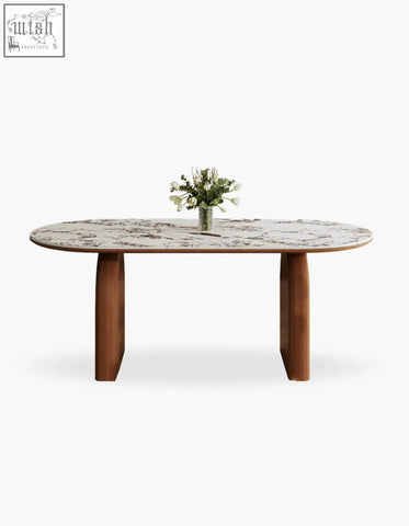 Modern emerson dining table with white marble top and sturdy polished wooden legs for stylish dining spaces
