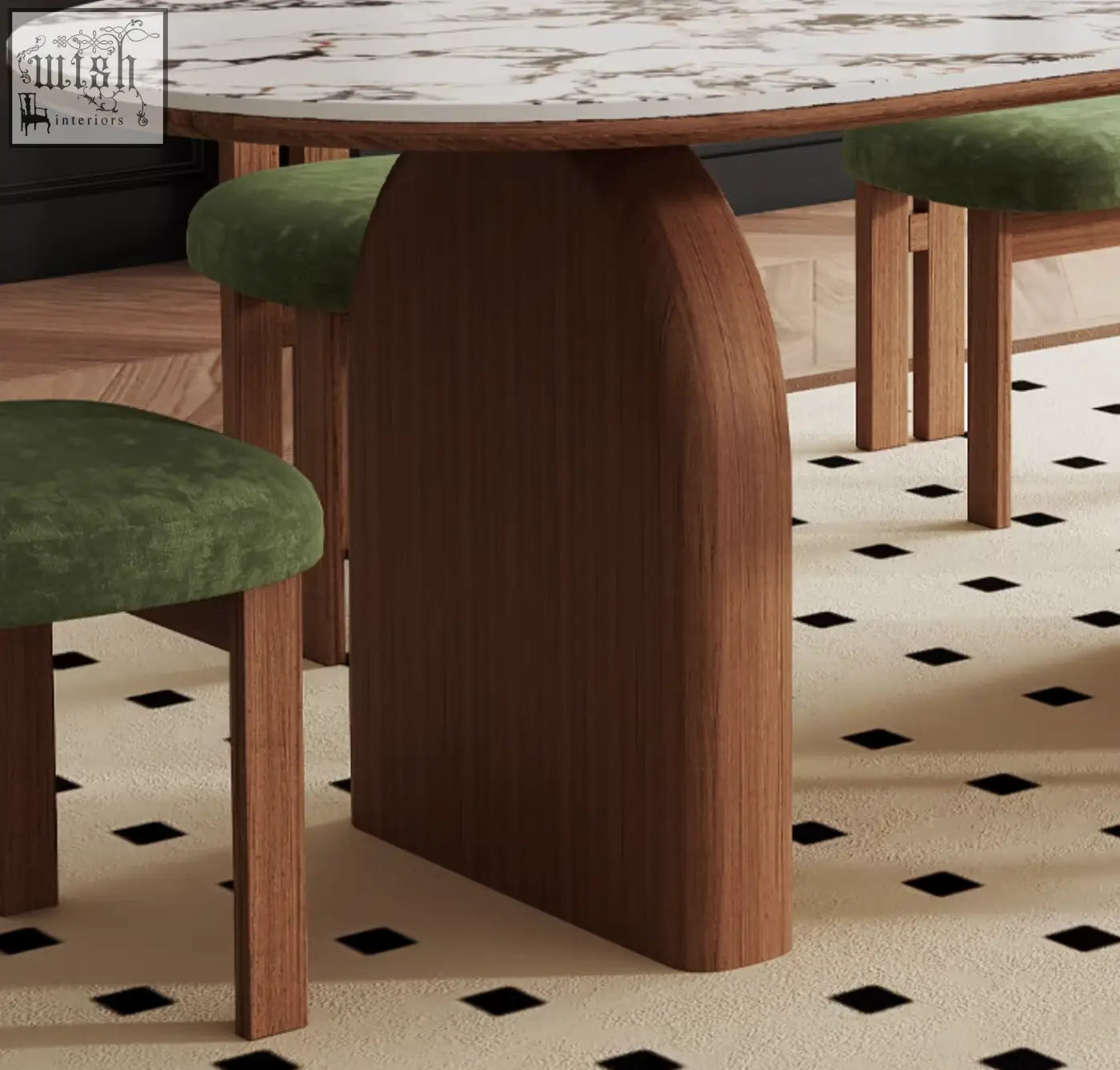 A sleek emerson dining table with a white sintered stone marble top and warm brown wooden legs for dining room use