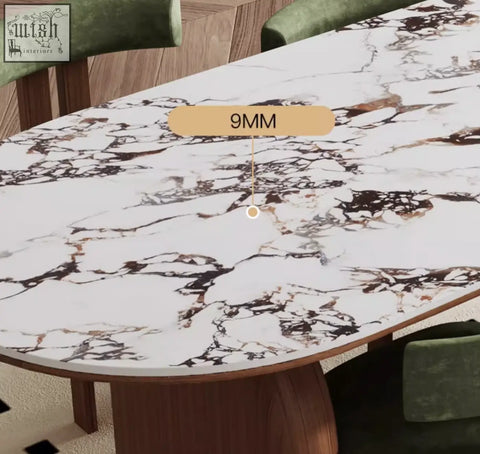 White marble effect emerson dining table tabletop with black and brown veining made from 9mm thick sintered stone