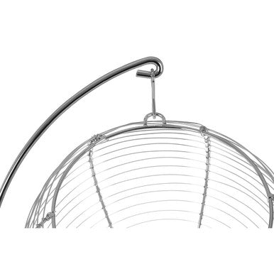 Silver metal emery hanging fruit basket with curved support arm and wireframe design for hanging fruit display