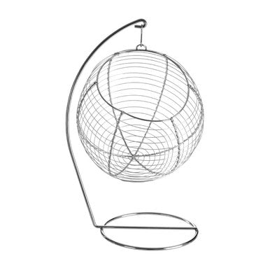 Silver wire globe emery hanging fruit basket with curved stand and circular base for stylish hanging fruit display