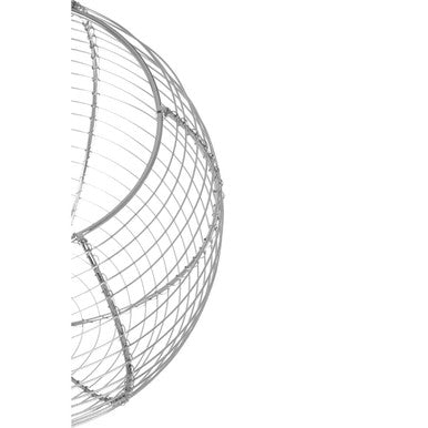 Silver wire mesh emery hanging fruit basket shaped like a spherical birdcage for stylish hanging fruit storage