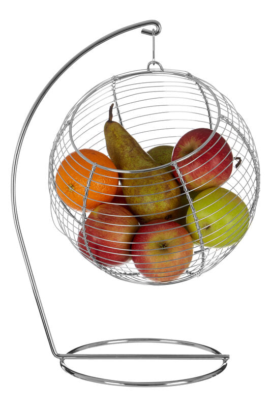 Emery hanging fruit basket with sleek chrome wire design suspended by a curved stand for stylish fruit display