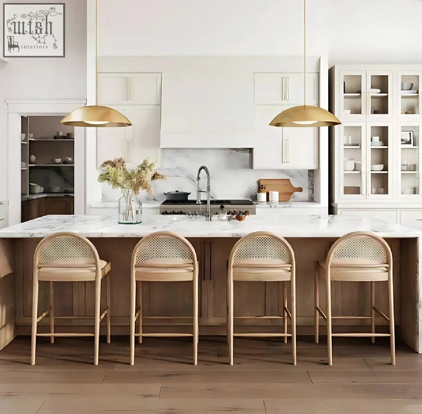 Four light wood emi bar stools with woven backrests and beige cushioned seats perfect for home bars