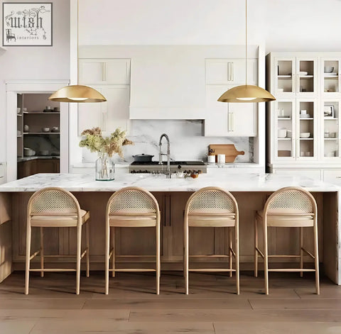 Four light wood emi bar stools with woven backrests and beige cushioned seats perfect for home bars