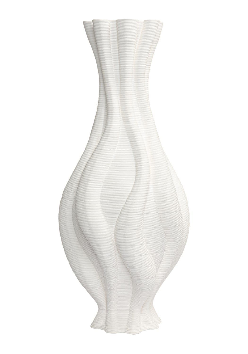 Emilie tall white ceramic vase with sleek wave-like twisted design and subtle vertical ridges