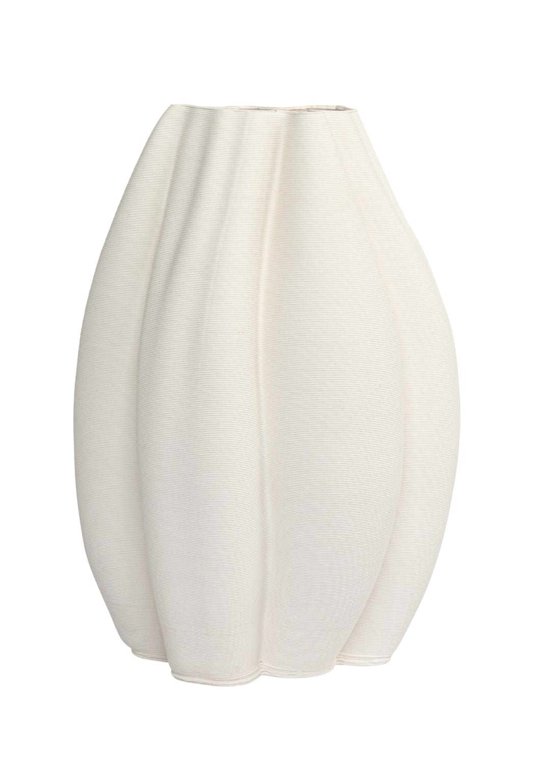 Cream-colored white ceramic vase with ribbed texture and flared sculptural silhouette called Emilie white ceramic vase