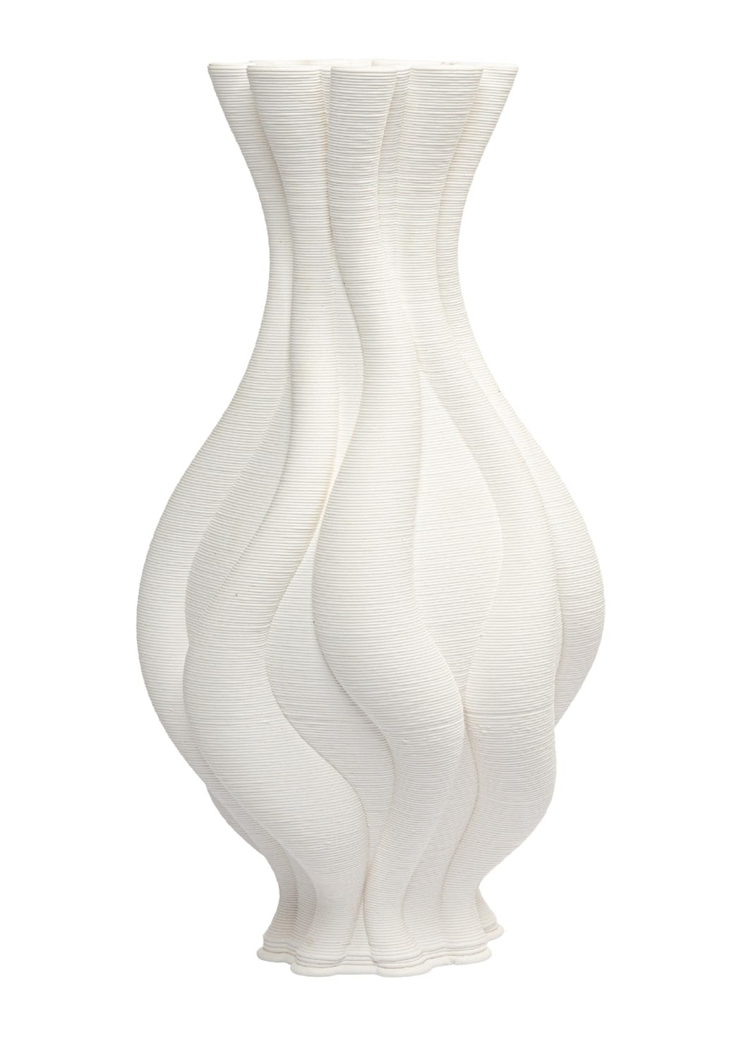A sleek white Emilie ceramic vase with a twisted sculpted form and subtle vertical ridges perfect for decor
