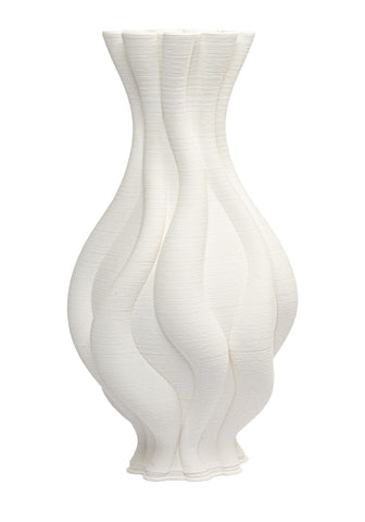 A sleek white Emilie ceramic vase with a twisted sculpted form and subtle vertical ridges perfect for decor
