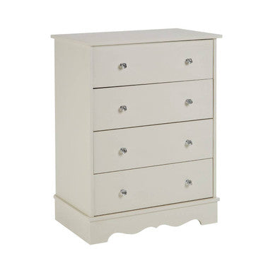 Emily ivory drawer chest with four drawers, ivory finish, white wood, silver knobs, and scalloped base design