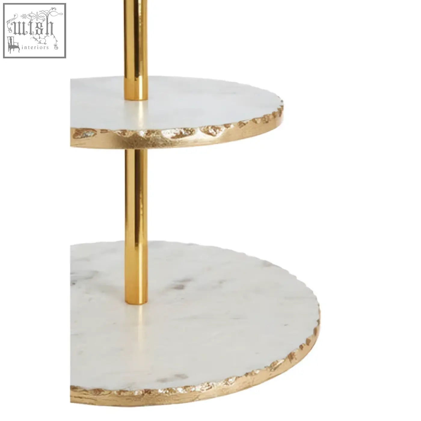 Gold finish cake stand with two white marble tiers edged in gold leaf perfect for elegant dessert display