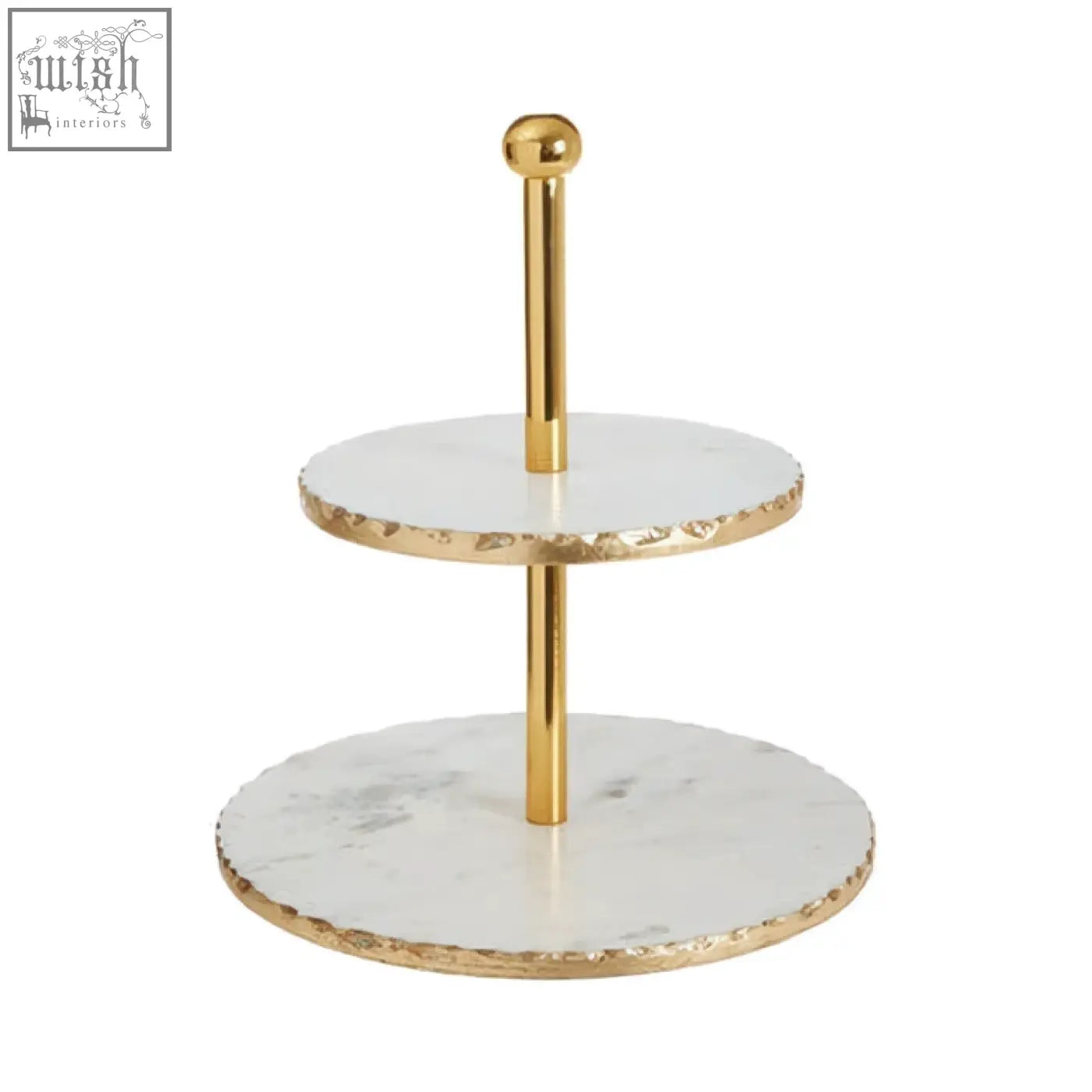 Gold finish cake stand with two white marble tiers featuring textured edges and subtle gray veining in empire style