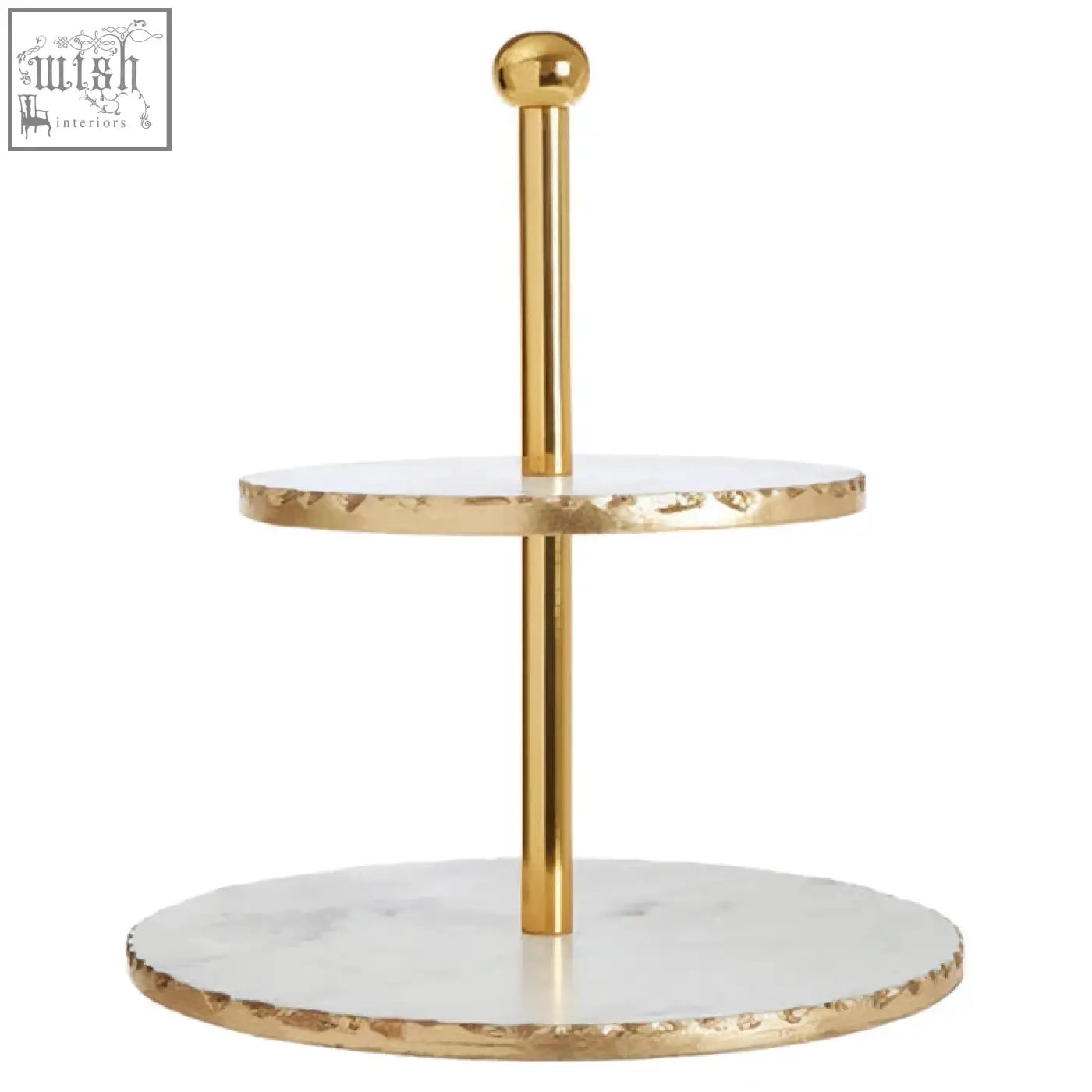 Empire 2 tier finish cake stand with gold finish and white marble circular platforms featuring a hammered edge design