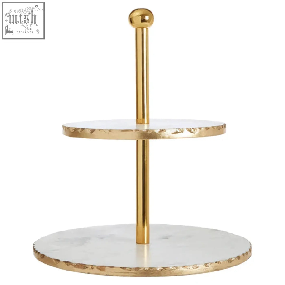 Empire 2 tier finish cake stand with gold finish and white marble circular platforms featuring a hammered edge design