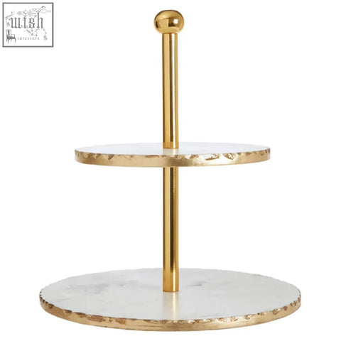 Empire 2 tier finish cake stand with gold finish and white marble circular platforms featuring a hammered edge design