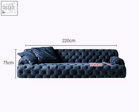 Dark blue velvet emrys chesterfield corner three seater sofa with plush cushioned design and matching throw pillows