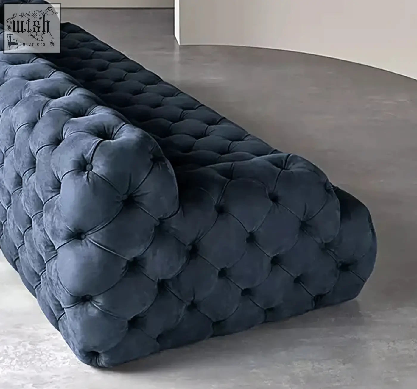 Dark blue velvet tufted emrys chesterfield corner three seater sofa with plush cushioned design and elegant style