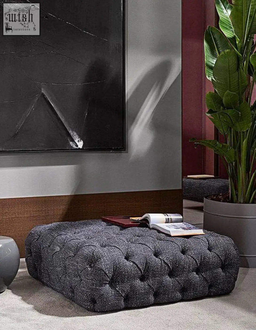 Dark gray tufted ottoman upholstered in textured fabric for emrys chesterfield corner three seater sofa setup