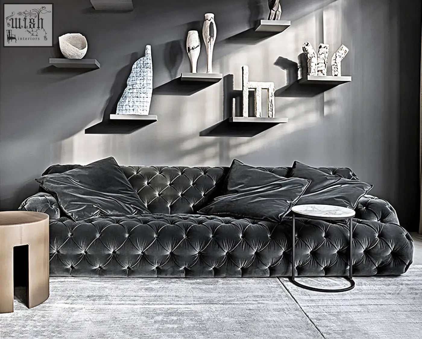 Dark gray velvet tufted emrys chesterfield corner three seater sofa with plush cushions and multiple throw pillows