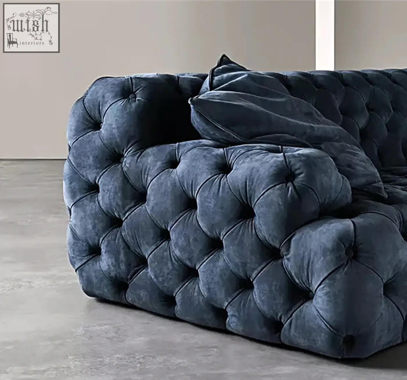 Deep navy velvet emrys chesterfield corner sofa with classic tufted design perfect for stylish living rooms