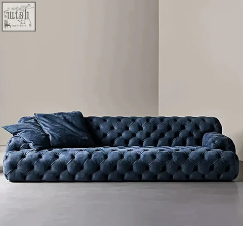 Deep navy velvet emrys chesterfield corner three seater sofa with classic tufted design and plush rounded armrests