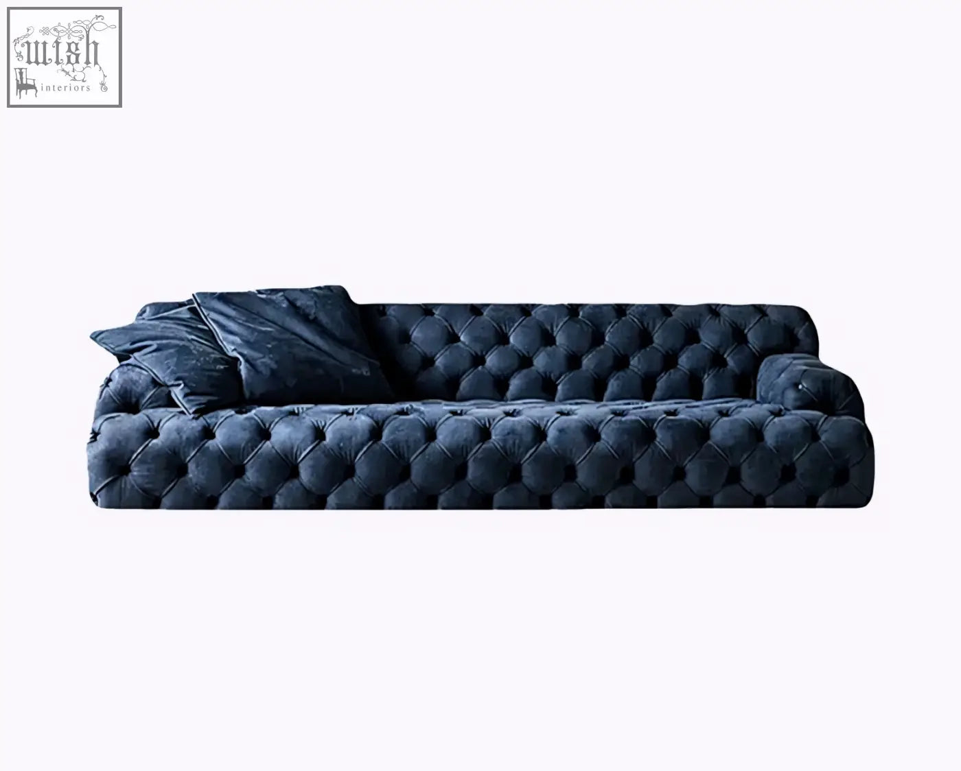 Deep navy velvet emrys chesterfield corner sofa with classic tufted design and matching cushions three seater