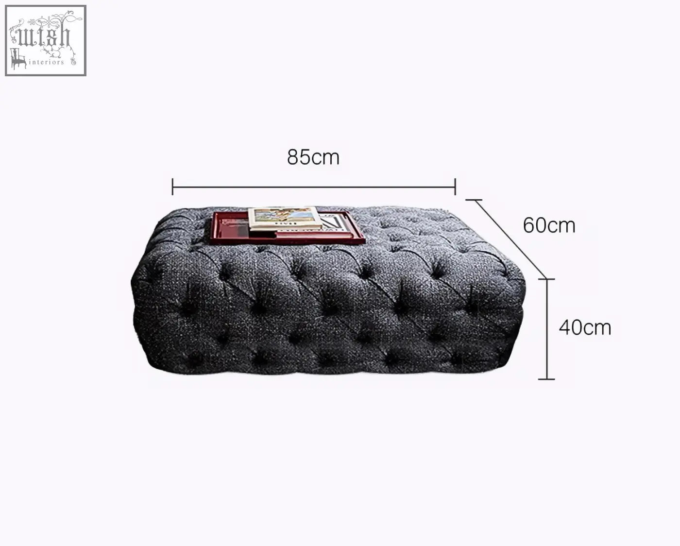 Dark gray tufted ottoman with textured fabric and button detailing for emrys chesterfield corner sofa setup