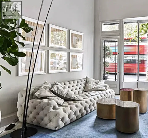 Tufted beige velvet emrys chesterfield corner sofa with classic design perfect for stylish three seater seating