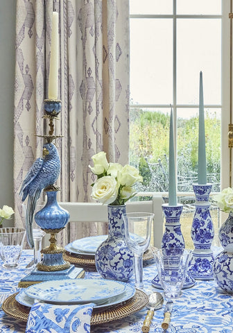 Blue and white porcelain enamelled pretty polly parrot candlestick with intricate floral patterns front view