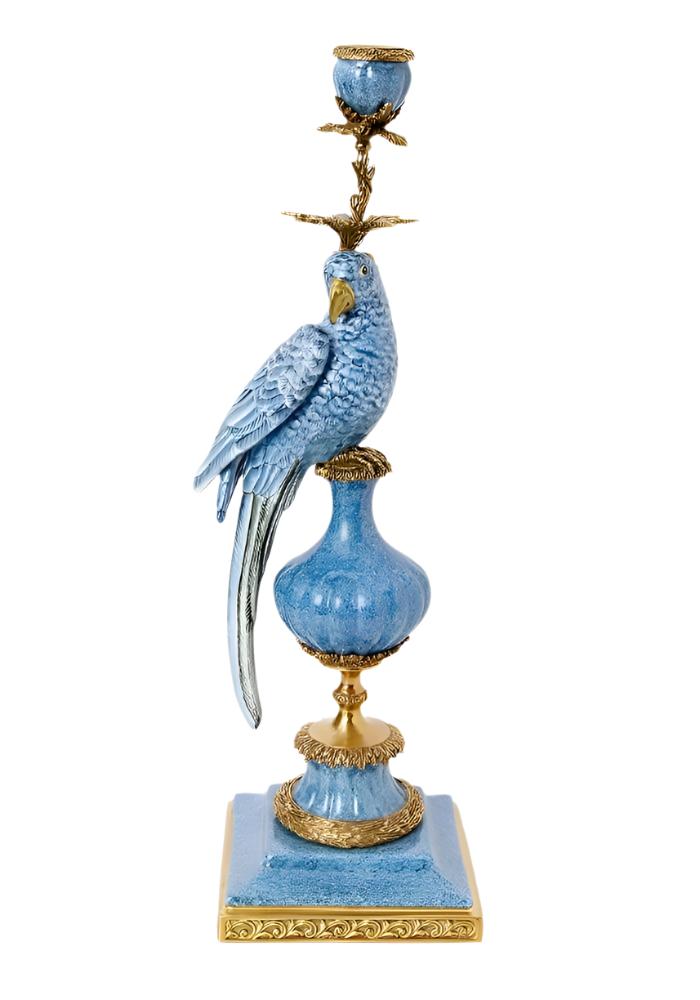 Blue ceramic enamelled pretty polly parrot candlestick perched on ornate vase with gold accents and feather details