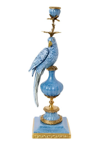 Blue ceramic enamelled pretty polly parrot candlestick perched on ornate vase with gold accents and feather details