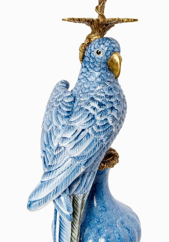 Blue porcelain enamelled pretty polly parrot candlestick with gold accents perched on matching blue vase