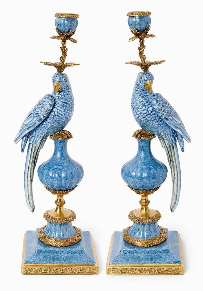 Blue ceramic enamelled pretty polly parrot candlestick with gold accents and ornate detailing on the left side