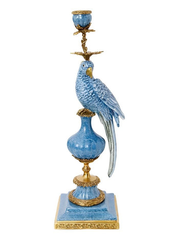 Blue enamelled pretty polly parrot candlestick with gold accents and ornate ceramic detailing on the right side